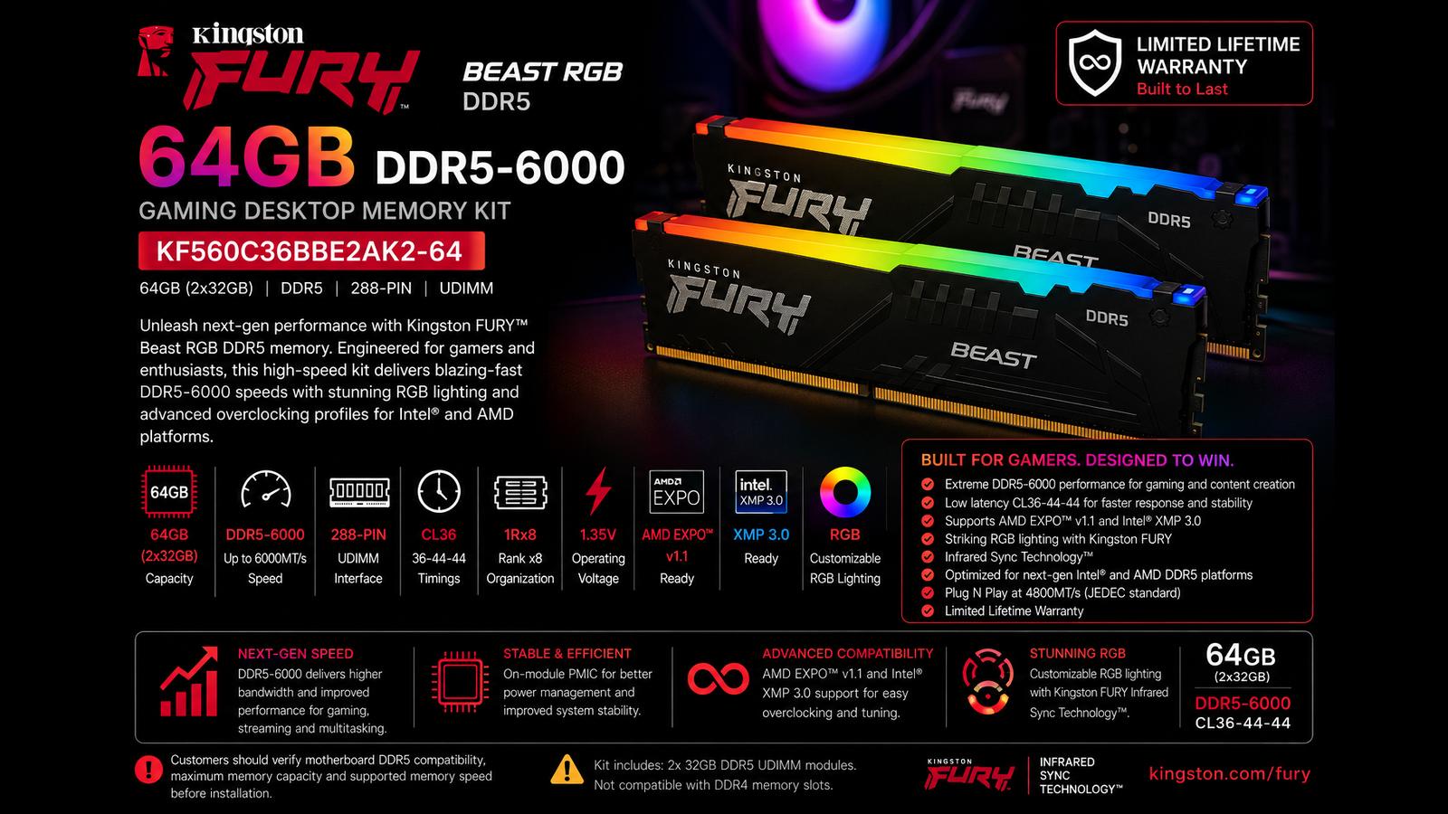 Kingston FURY Beast RGB KF560C36BBE2AK2-64, 64GB (2x32GB) DDR5-6000 Gaming RAM, 6000MT/s, PC5-48000, CL36, AMD EXPO, Intel XMP 3.0, Black | KF560C36BBE2AK2-64